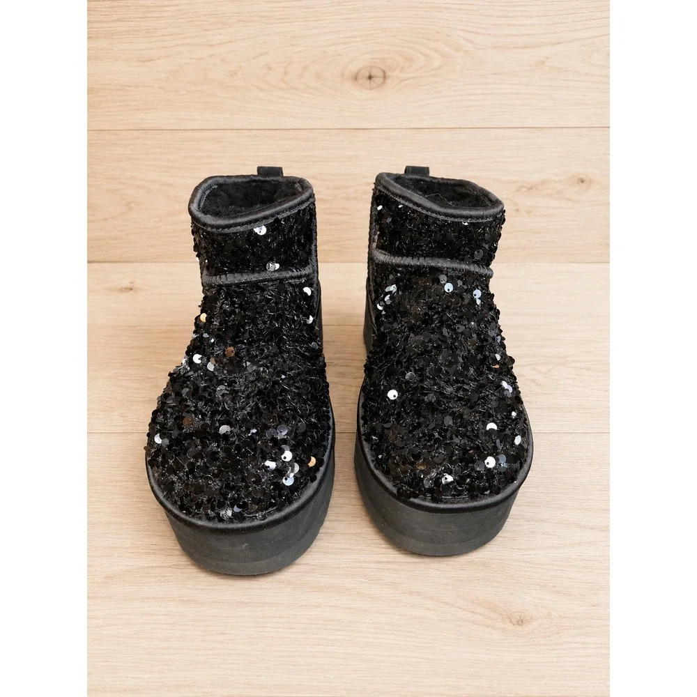 UGG Classic Ultra Mini Platform Sequin Boots Black Women's Size 8 EU 39